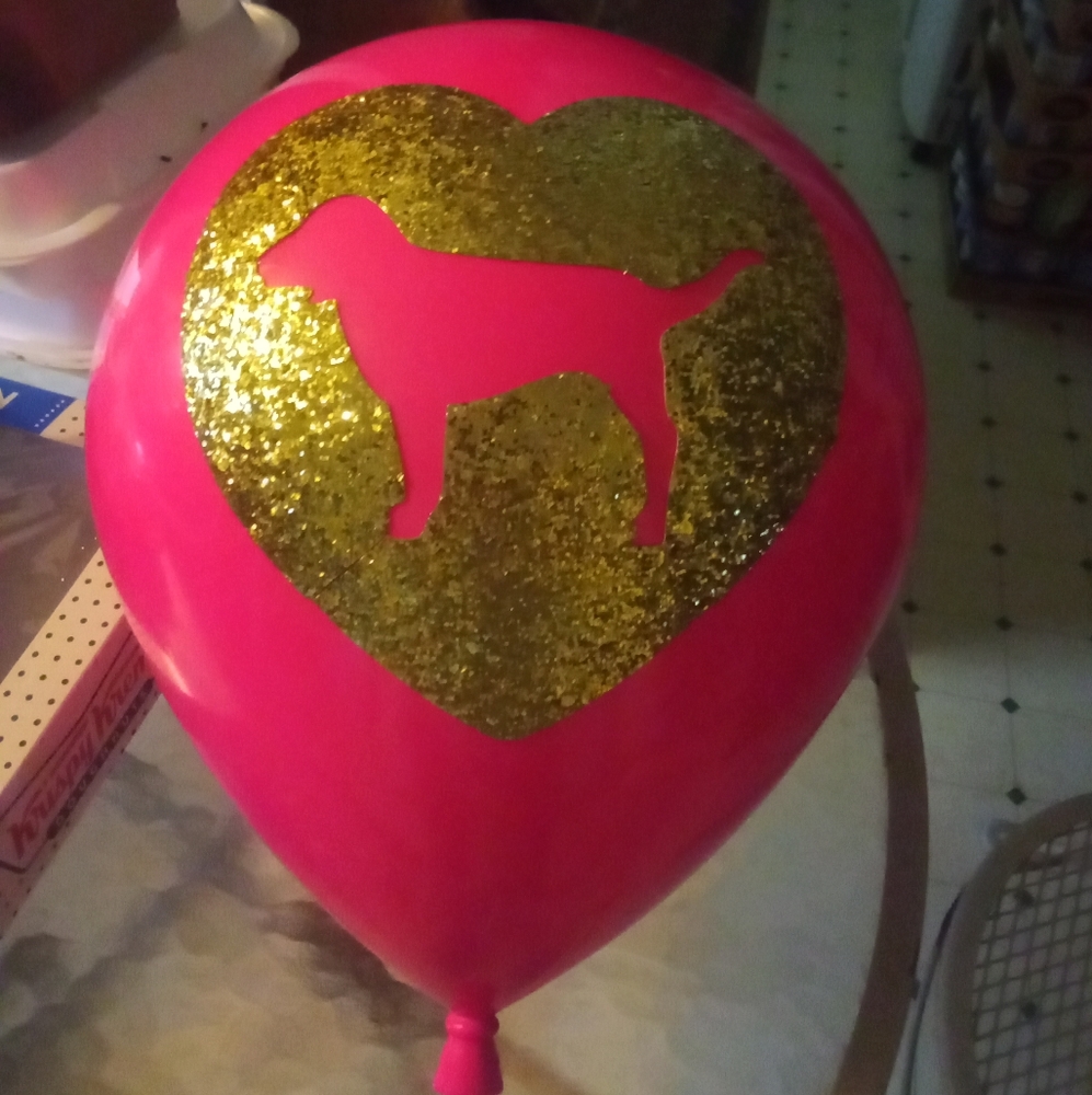 Pink plastic balloon doesn't have a stand has the gold glitter dog logo on iT